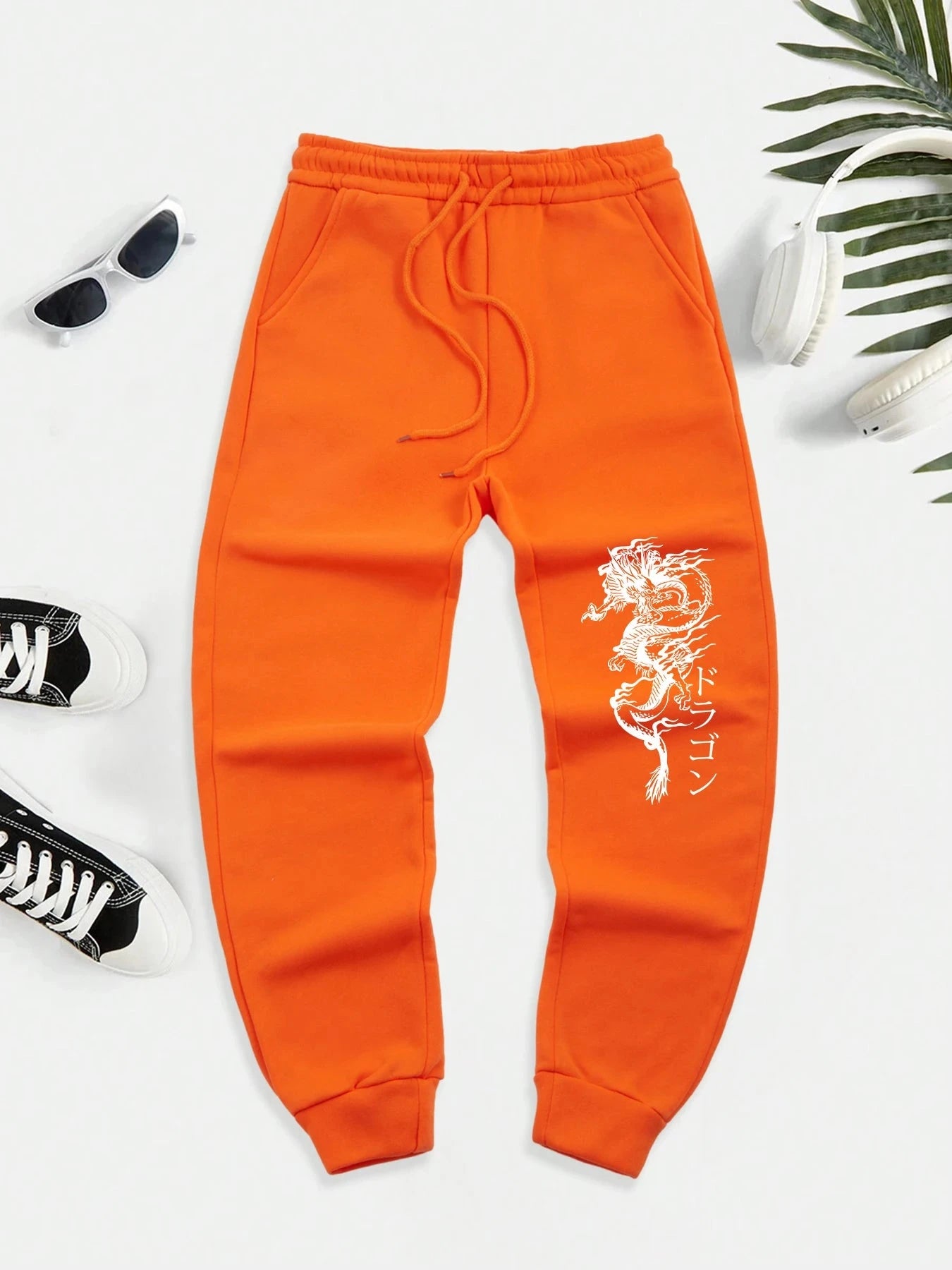 Japanese Word And Dragon Print Men New Warm Pants Fleece GlowCart