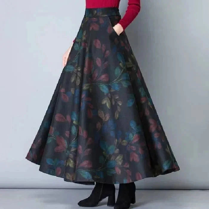 Autumn Winter Plaid A- Line Midi Skirt Women's Retro plus Size High Waist Slimming Long Skirt Floral Embellished Fullness GlowCart