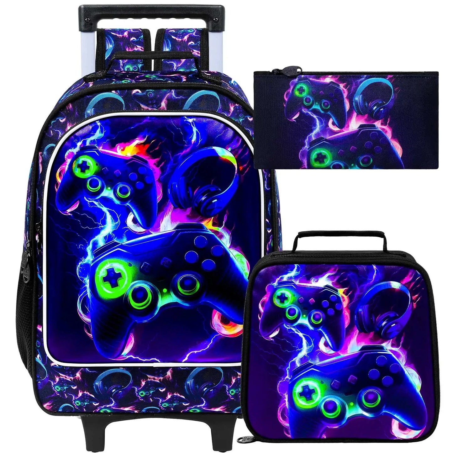 Rolling Backpack for Boys, 3PCS Kids Roller Bookbag with Lunch Bag, Wheeled School Bag for Children - Game Console GlowCart