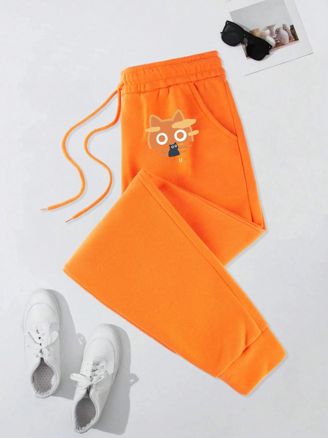 The Sun Cat Print Men Warm Elastic Waist Sweatpants Casual GlowCart