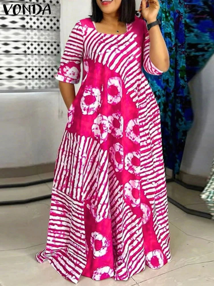 Plus Size Women Bohemian Maxi Dress 2025 Summer Printed Long GlowCart