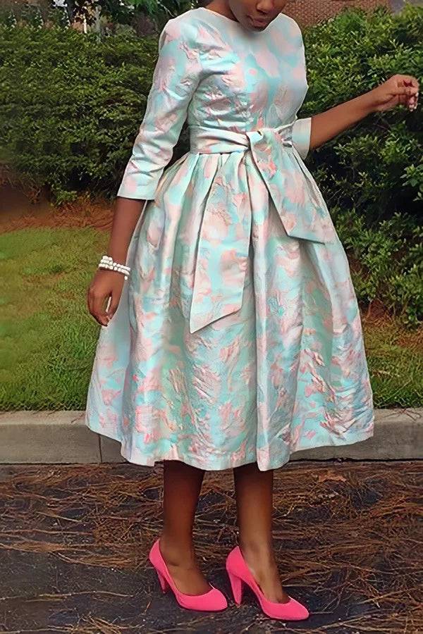 Women Print Midi Dress Cinched Waist Lace Up Splice Round Neck Dresses Casual A Line Elegant Vestidos Party Spring 2025 GlowCart