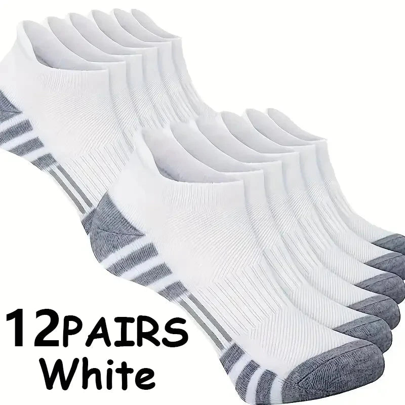 12Pairs Men Black White Grey Towel Bottom Sweat Absorbent Anti Odor Breathable Non Slip Ear Loop Short Socks For Running Sport GlowCart