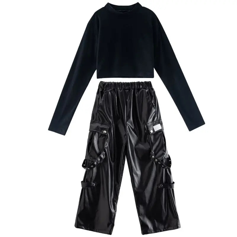 Jazz Dance Girls Clothes Kids Hip Hop Dance Costume Black Leather Crop Tops Hiphop Pants Catwalk Performance Clothing BL13600 GlowCart