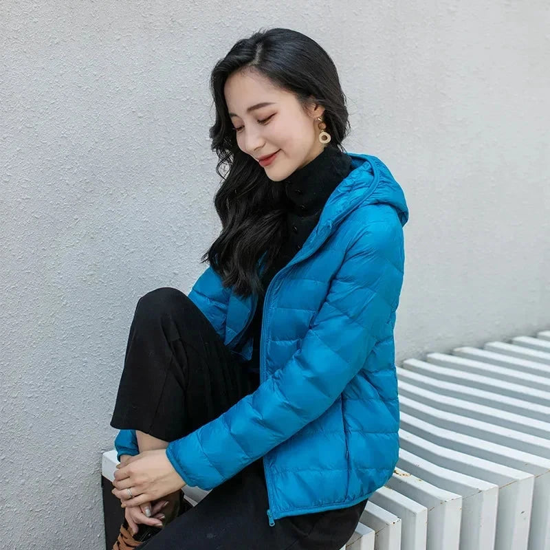 Winter Women's Light Down Hooded Jacket,Red Blue Khaki Green GlowCart