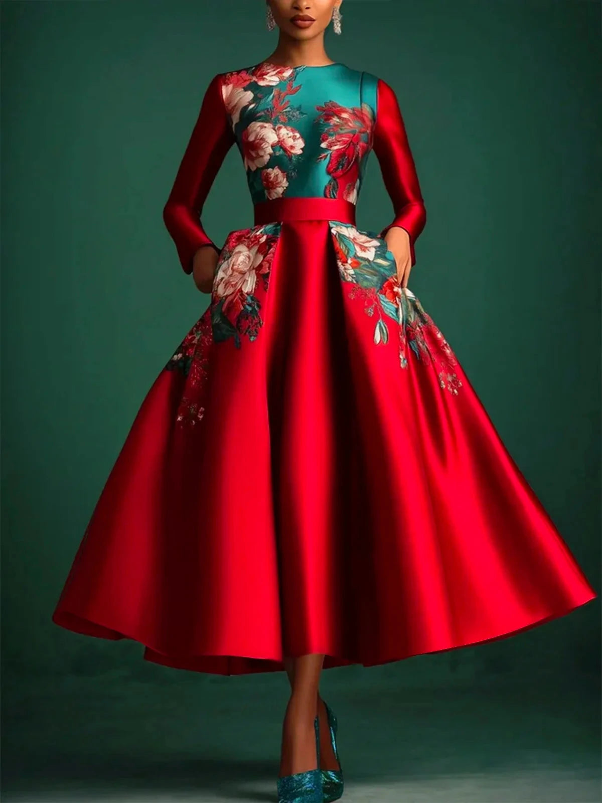 Elegant Dress for Women Long Sleeve O Neck Floral Printing GlowCart