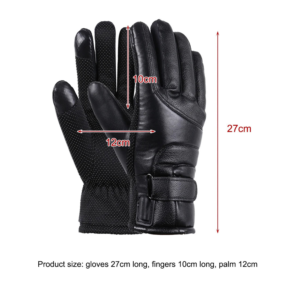 Leather Thermal Heated Gloves Waterproof Outdoor Cycling Thermal Bike Gloves Touchscreen Hand Warmer for Hiking Skiing Fishing GlowCart