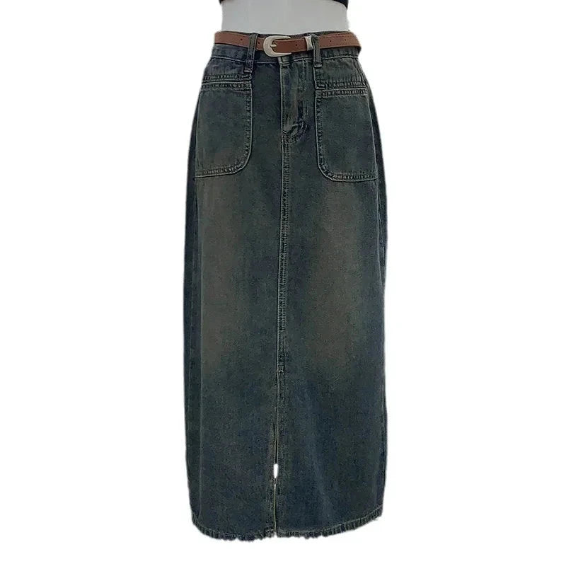 2023 Autumn New Women's High-Waisted Long Denim Skirt With Double Pocket Side Slit Slimming Draped Straight-Leg Loose Fit GlowCart