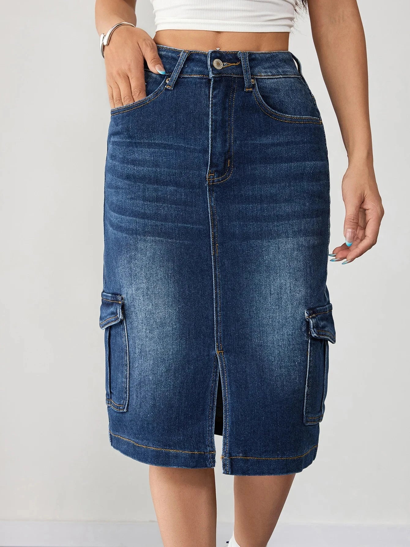 French Vintage Women's Cargo Denim Skirt Button Front Design High Waist Fashion Clothing Casual Outfit Elegant Feminine Style GlowCart