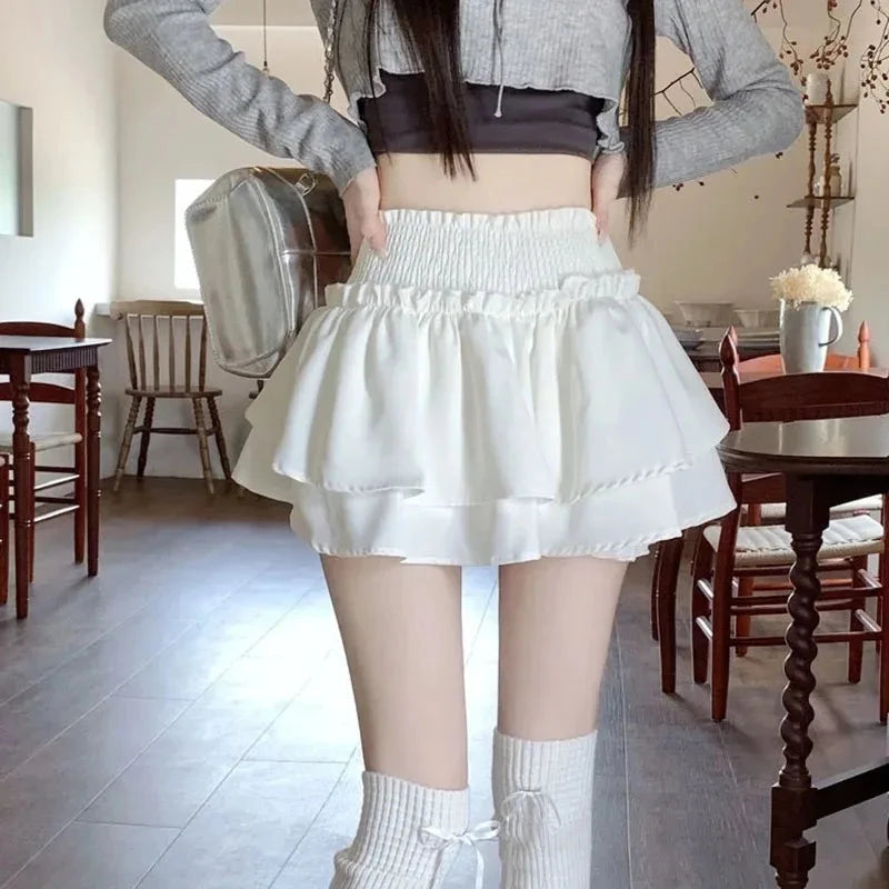 White Preppy Style Skirt Elastic High Waist Folds Design GlowCart