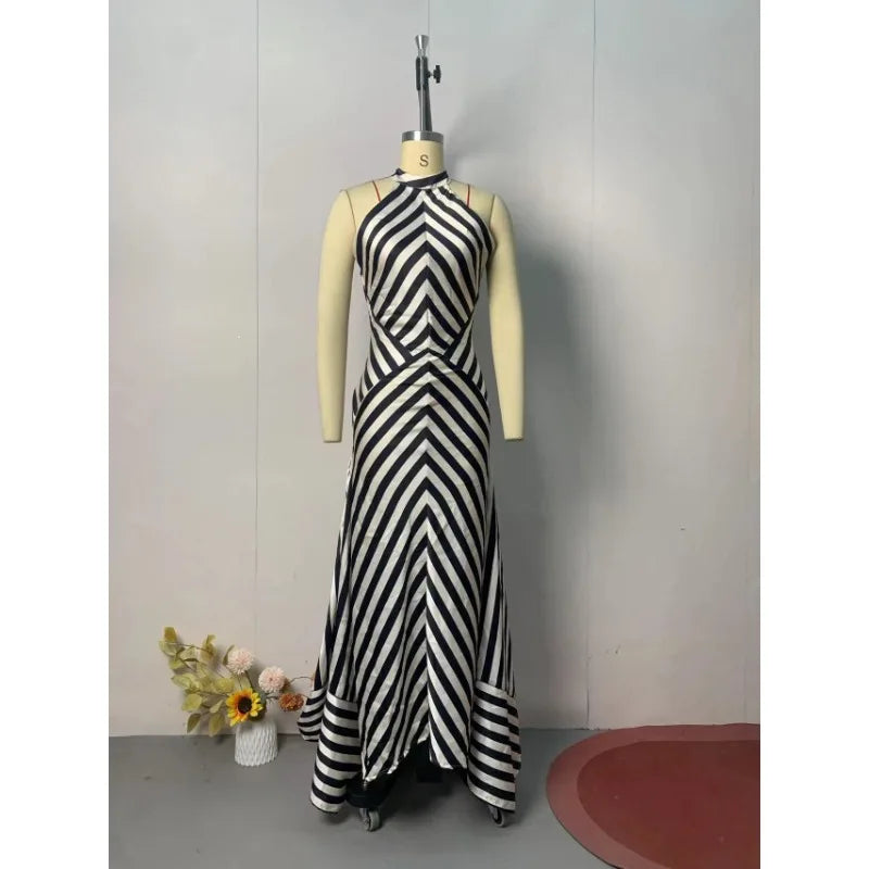 Summer Women Stripe Guest Mermaid Dress Elegant Halter Backless Corset Slim Cocktail Party Evening Celebrity Dress Prom Gown GlowCart