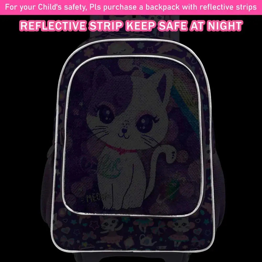 3PCS Rolling Backpack for Girls Kids Roller Wheels Bookbag with Lunch Bag Purple Cat Pattern Design Glow-in-the-Dark Function GlowCart