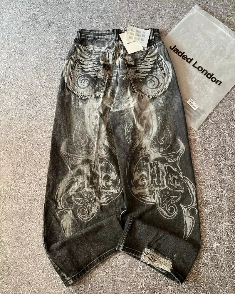 American New Pattern Embroidery Baggy Jeans Male Y2K High GlowCart