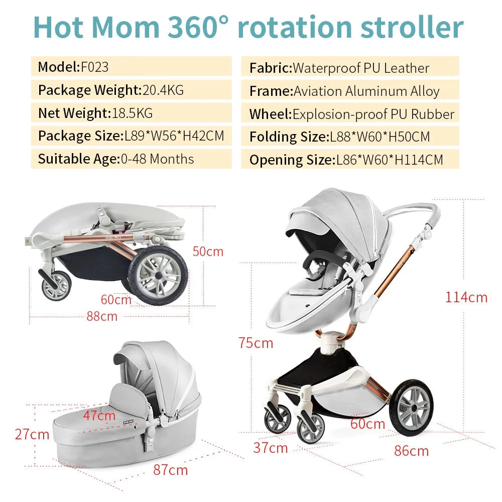 Hot Mom F023 Baby Stroller 2 in 1,Rotates 360 Degrees,PU Leather, Mosquito Net, Rain Cover, Adapter, Cup Holder, large wheels GlowCart