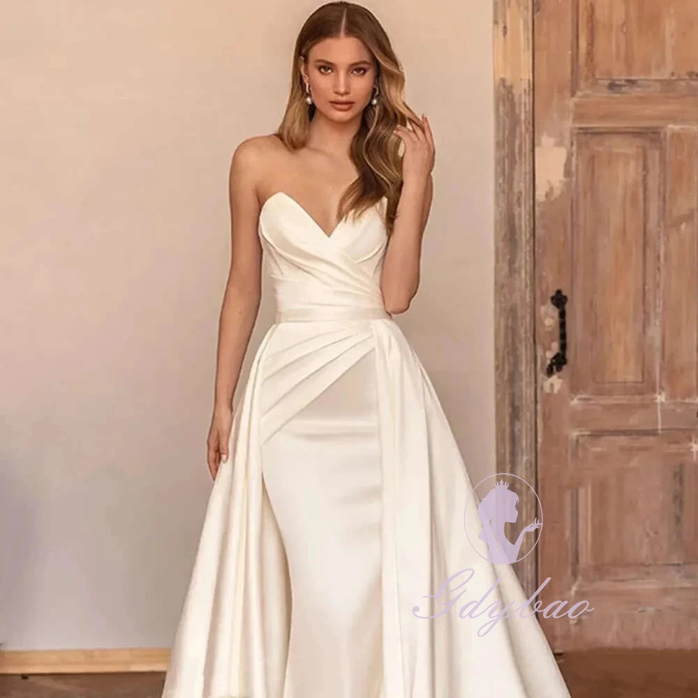 Ivory Satin Evening Dress Women Off Shoulder Pleated Bridal