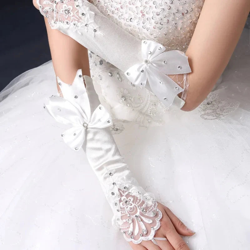 Elegant Ivory Lace Bridal Gloves with Rhinestone Bowknot GlowCart