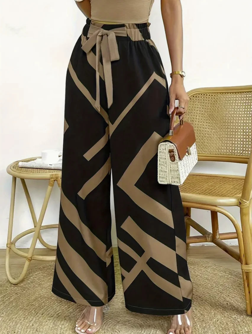 Geometric Pattern Print Wide Leg Pants Casual Loose Bow