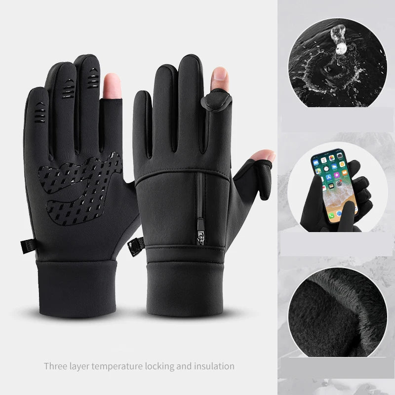 Winter Cycling Gloves Windproof Men Women Touchscreen Warm Gloves Motorcycle Water-Repellent Zipper Pocket Fingertip Flip Gloves GlowCart