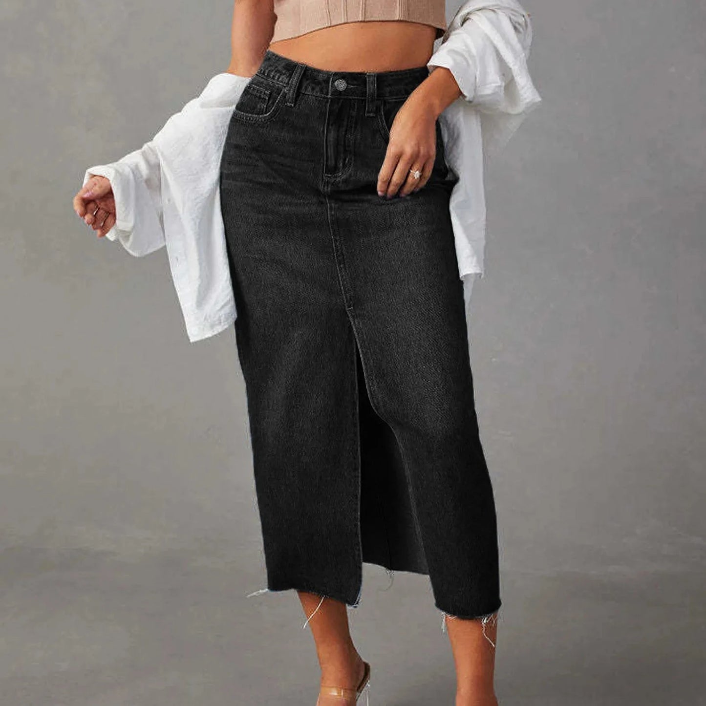 2024 Summer Midi Skirts Vintage Korean Style Skirts For Women Black Blue Jeans Skirt High Waisted Denim Skirt Front Slit GlowCart