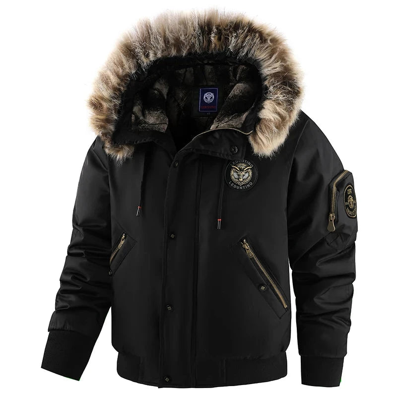Men's Winter Black Aviator Jacket with Detachable Faux Fur GlowCart
