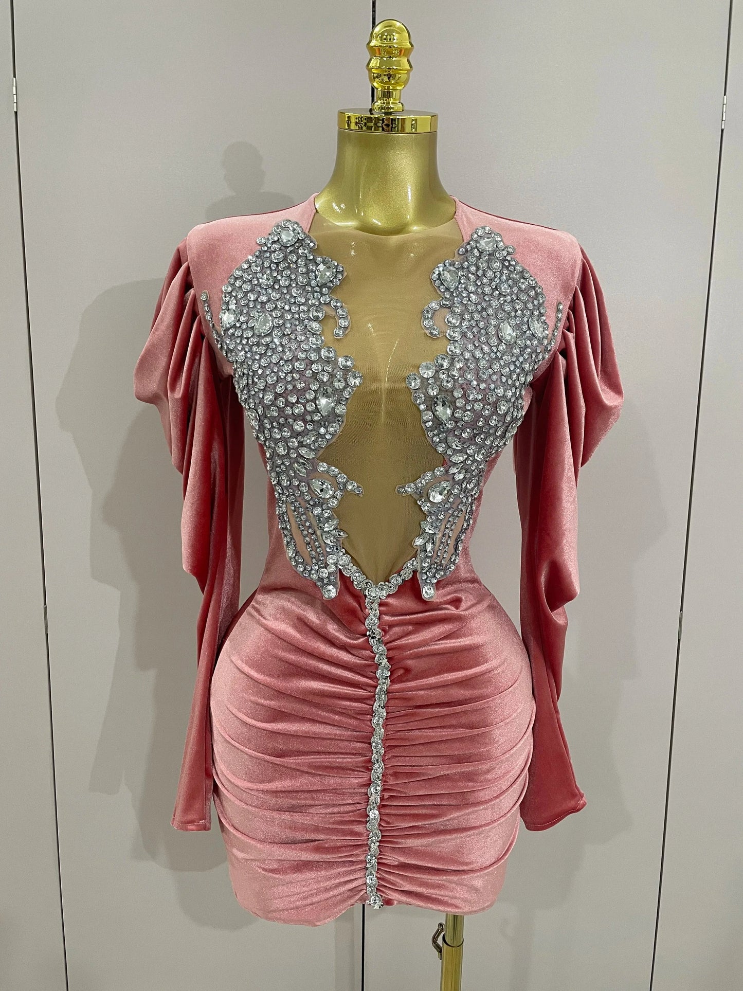 Luxury Sparkly Crystals Sexy Mesh White Velvet Short Dress GlowCart