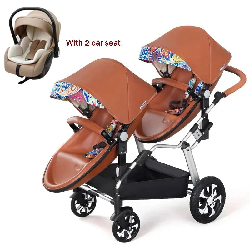 NEW Twins baby stroller 2 in 1 foldable two children PU leather waterproof stroller Double baby carriage twin strollers for 2 GlowCart