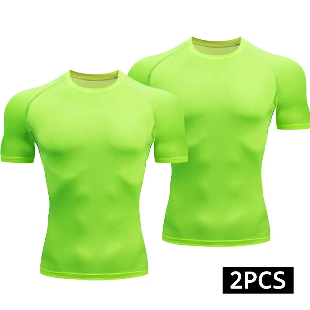 2-Piece Compression T Shirt Men Summer Sportswear Running T-shirt Elastic Quick Dry Sport Tops Athletic Gym Workout Shirts Men GlowCart