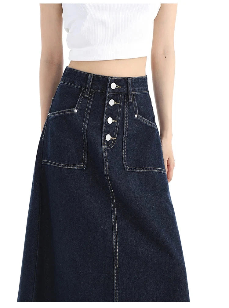 High Waist Denim Skirt Women Autumn 2024 New Arrival Single Buttons Long Skirt Women Korean Style Casual Jeans Skirts Womens GlowCart