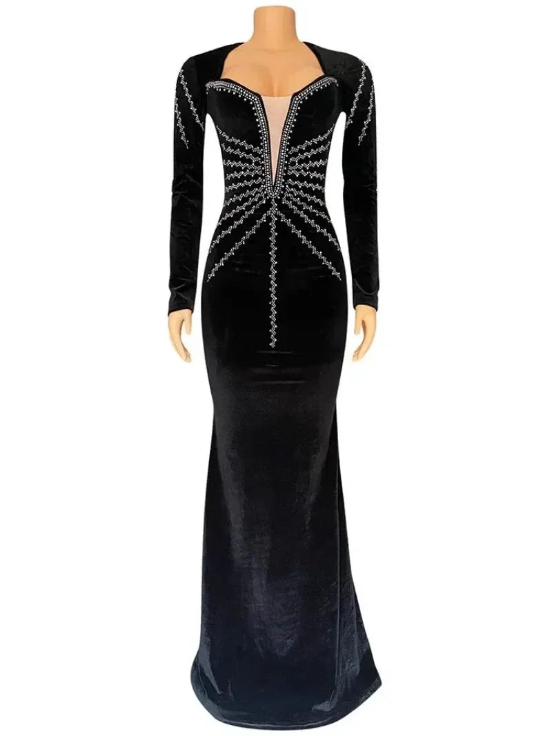 2025 Elegant Diamonds Velvet Long Party Dress for Women Sexy GlowCart