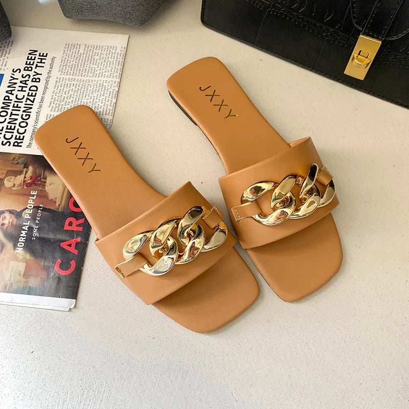 2025 New Fashion Women's Slippers Square Toe Chain Slippers GlowCart