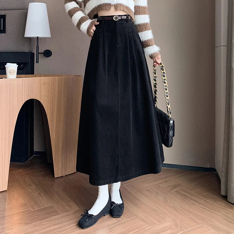 Elegant Winter Corduroy Maxi Long Skirt Women Fashion Korean Big Swing Umbrella A-line Skirts Loose Elastic Waist Falda Plisada GlowCart