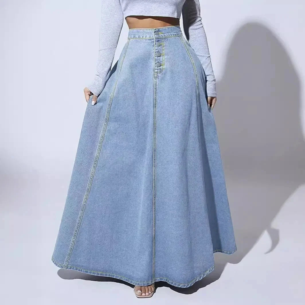 Denim Skirts Women Long Skirt A Line Single Breasted High Waist Jeans Vintage Maxi Simple Casual Elegant Splice Y2k Streetwear GlowCart