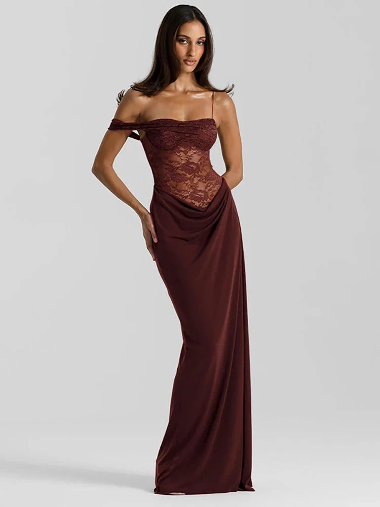 Mozision One Shoulder Lace See Through Sexy Maxi Dress Women GlowCart