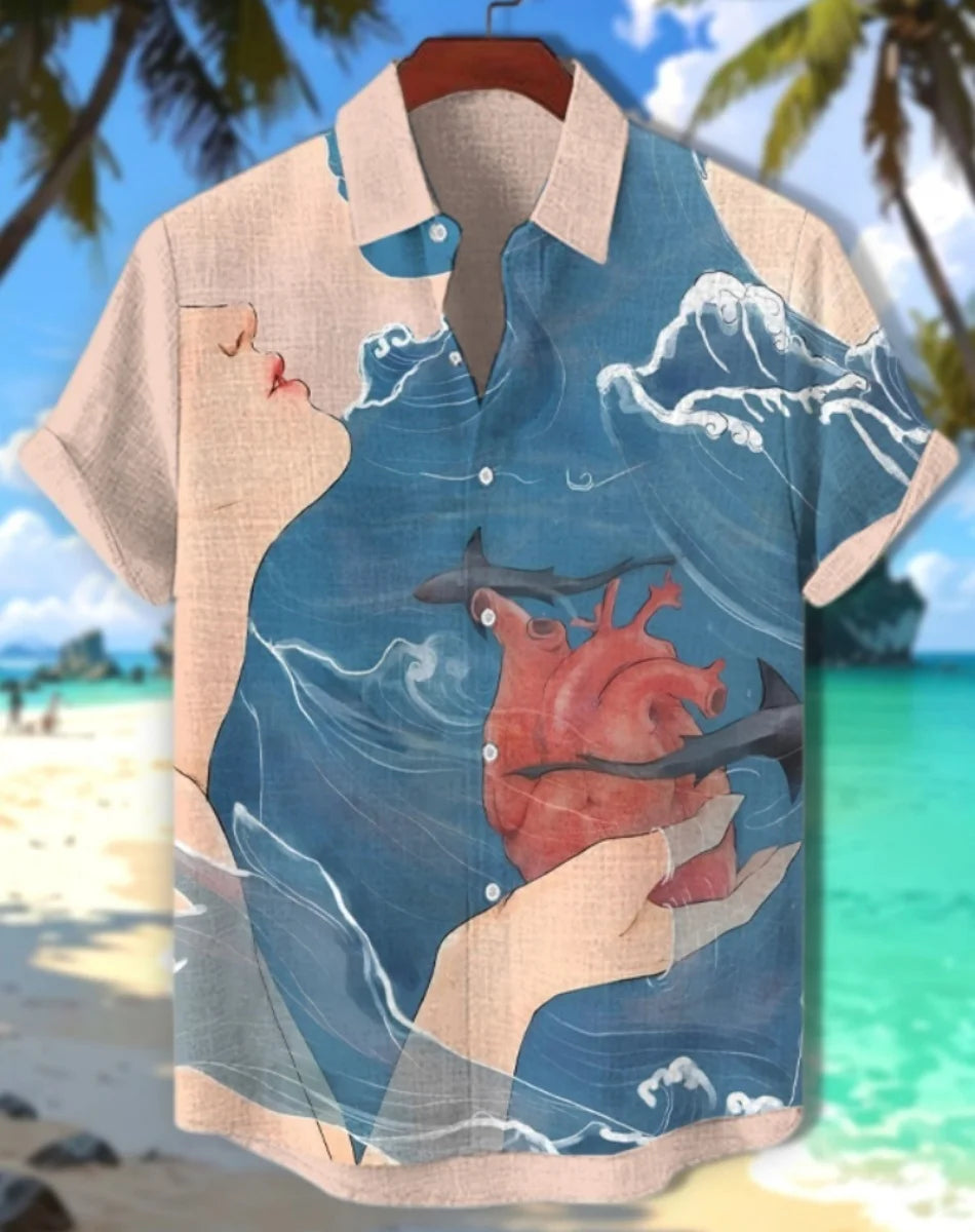 Hawaiian men's linen shirt abstract patchwork pattern art print shirt beach vacation daily travel men's clothing fast delivery GlowCart