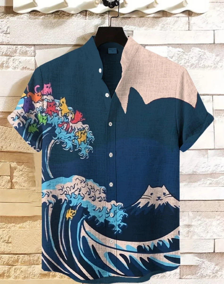 Hawaiian men's linen shirt abstract patchwork pattern art print shirt beach vacation daily travel men's clothing fast delivery GlowCart