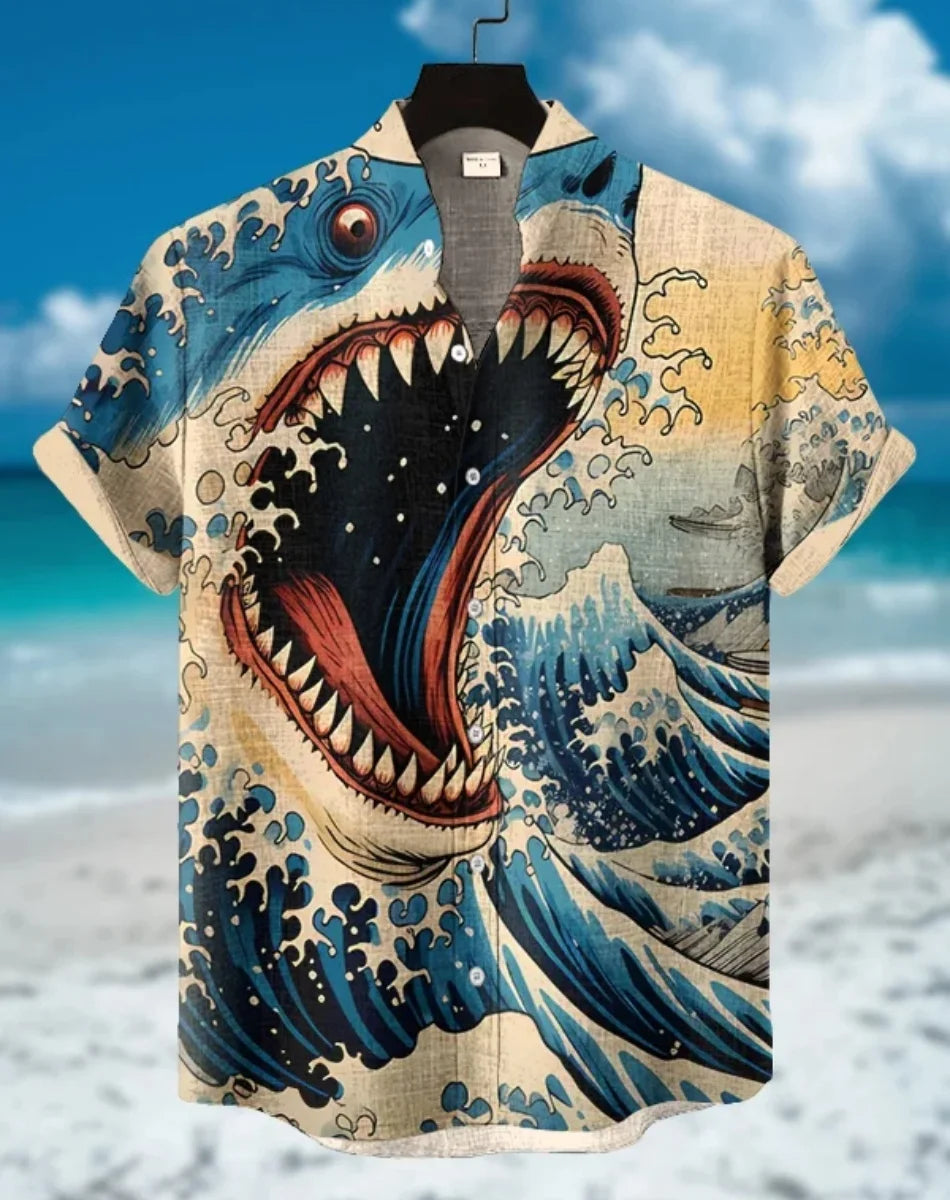 Hawaiian men's linen shirt abstract patchwork pattern art print shirt beach vacation daily travel men's clothing fast delivery GlowCart