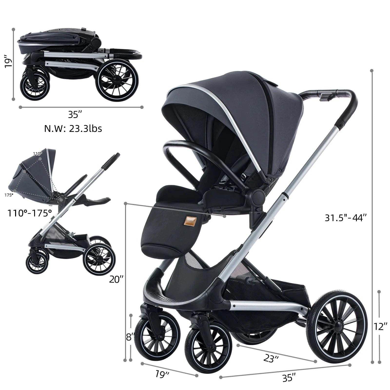 Reversible Stroller,Compact Stroller with Big Wheels,Adjust to Seat & Lying,Foldable Portable Baby Carriage for Newborn Toddler GlowCart