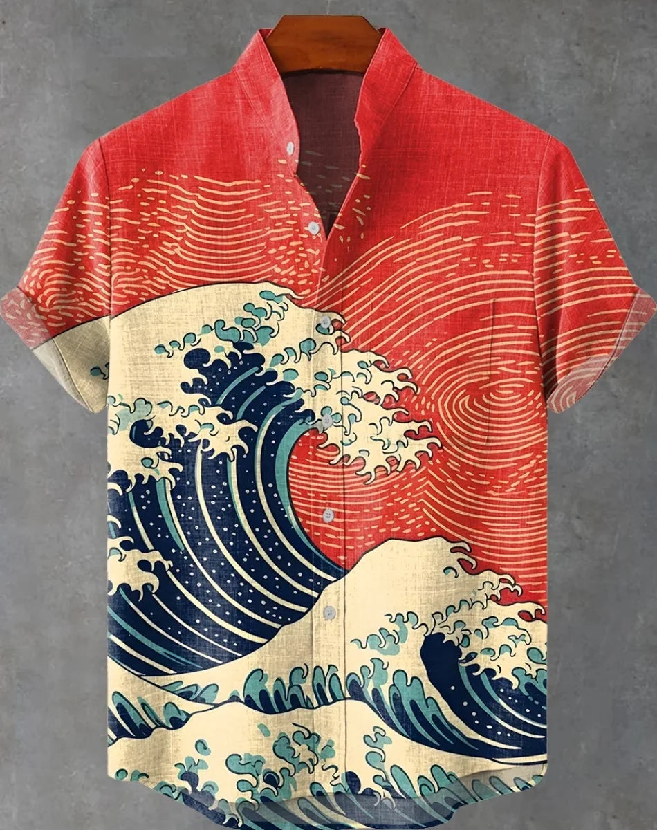 Hawaiian men's linen shirt abstract patchwork pattern art print shirt beach vacation daily travel men's clothing fast delivery GlowCart