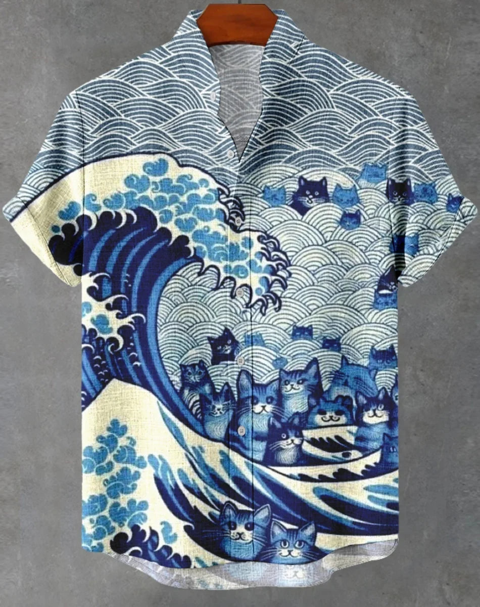 Hawaiian men's linen shirt abstract patchwork pattern art print shirt beach vacation daily travel men's clothing fast delivery GlowCart