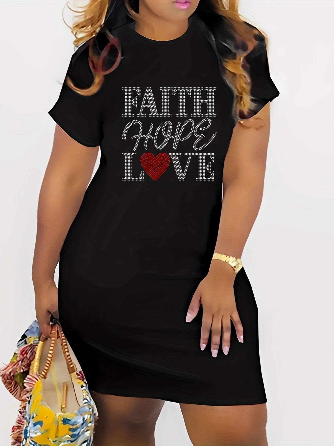 Plus Size Women's Faith Letter T-Shirt Dress, Short Sleeve Casual Top For Summer & Spring, Women's Round Neck Sleep Dress Clothi GlowCart
