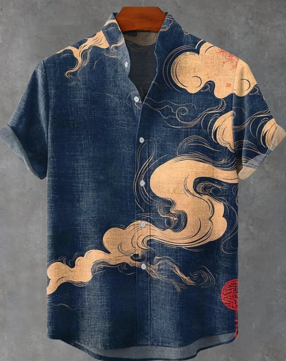 Hawaiian men's linen shirt abstract patchwork pattern art print shirt beach vacation daily travel men's clothing fast delivery GlowCart