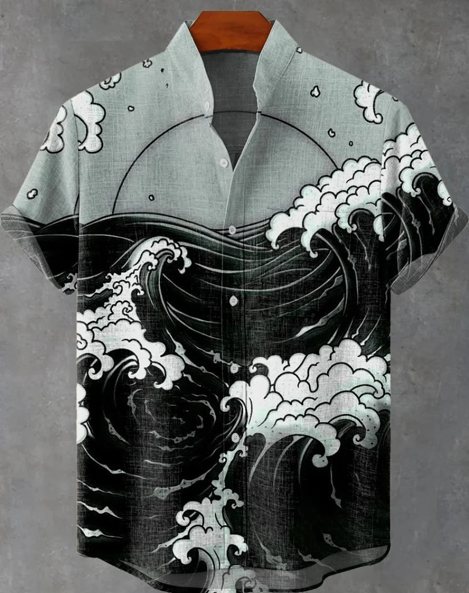 Hawaiian men's linen shirt abstract patchwork pattern art print shirt beach vacation daily travel men's clothing fast delivery GlowCart