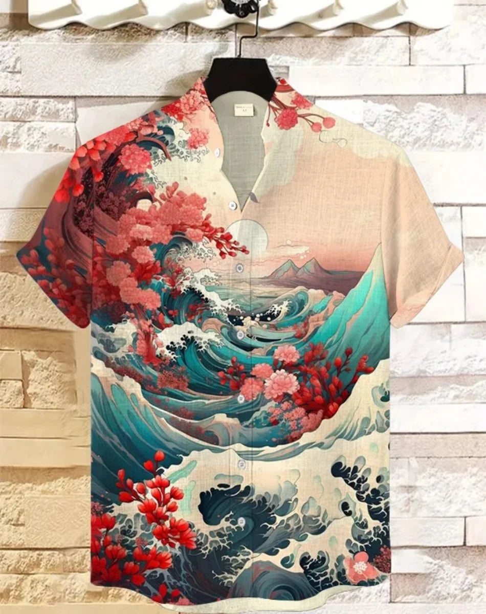Hawaiian men's linen shirt abstract patchwork pattern art print shirt beach vacation daily travel men's clothing fast delivery GlowCart