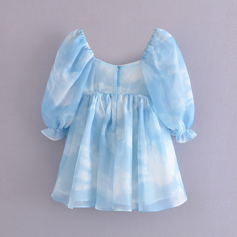 Women Puff Sleeve Tulle Tutu Princess Dress Square Collar GlowCart