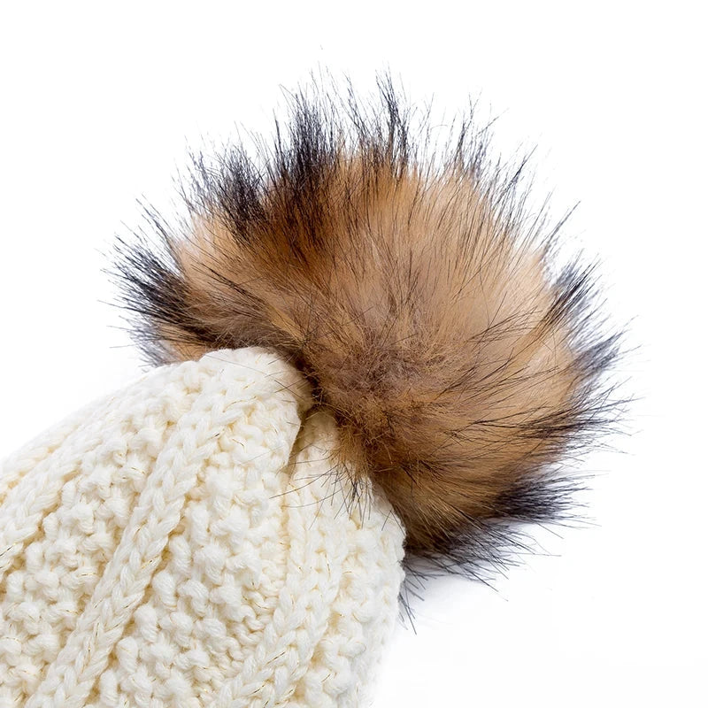 New Women Hat High Quality Add Fur Lined Pompoms Winter Hat GlowCart