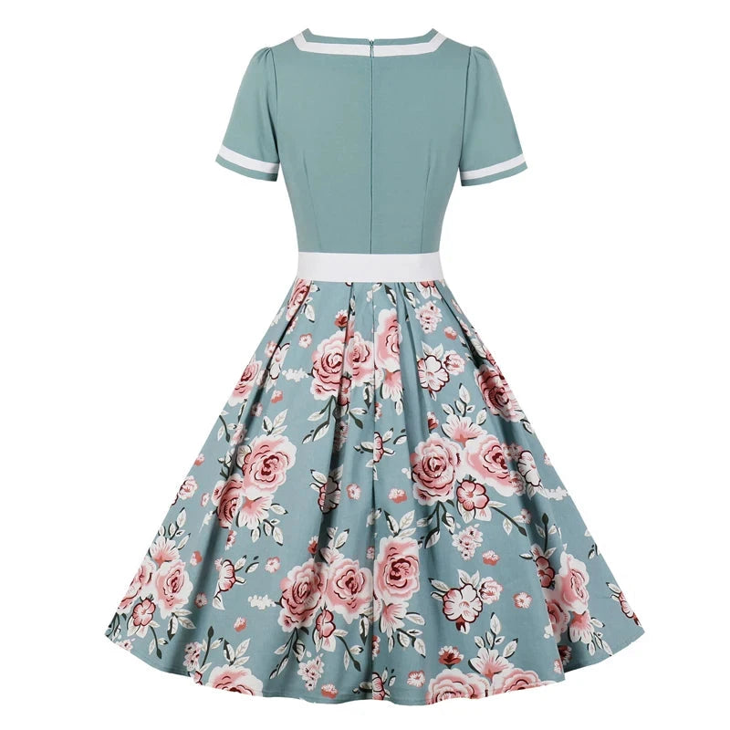 Tonval Vintage 50s Ladies Floral Pleated Rockabilly Dress GlowCart