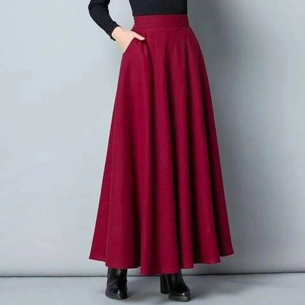 FairyShely 2025 Autumn Winter Retro High Waist Pleated Skirt Women Casual Pocket Woolen Maxi Skirt female Flare Red Long skirt GlowCart