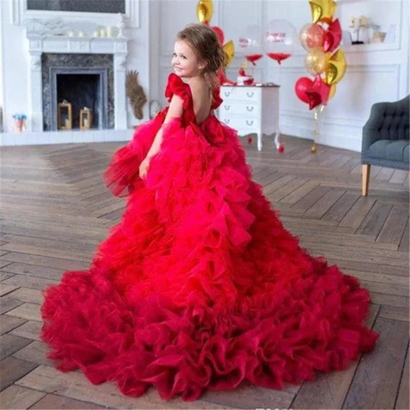 Red Gauze Ball Gown Dress for Girls Princess Style Floral GlowCart