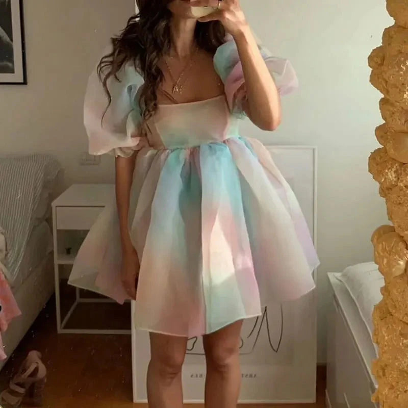 Women Puff Sleeve Tulle Tutu Princess Dress Square Collar GlowCart