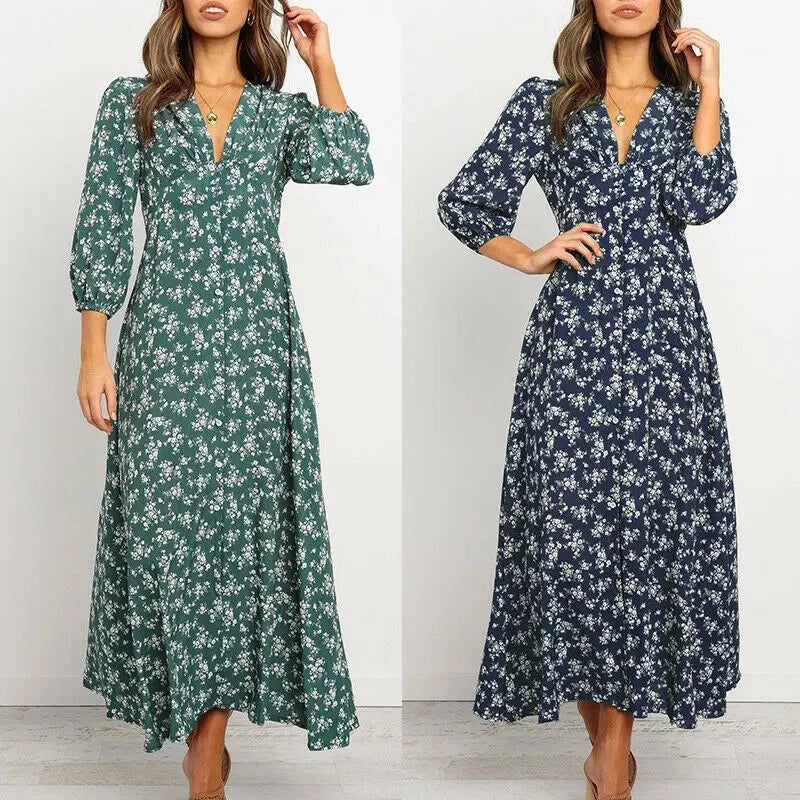 Women's Summer Bohemian Floral Print Long Maxi Dress Retro GlowCart